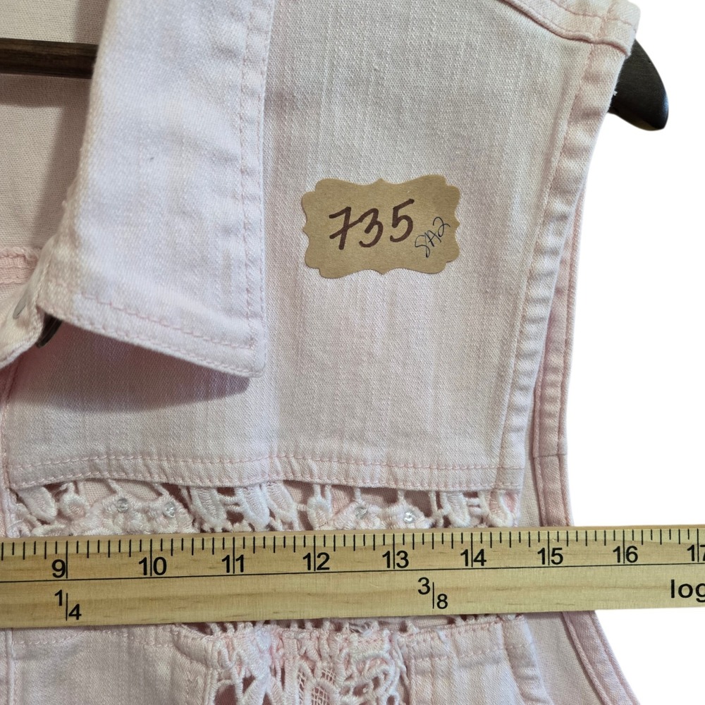 Vintage 2 Piece Denim Vest & Capri Pants Size XL Light Pink Lace Crochet - Picture 4 of 10